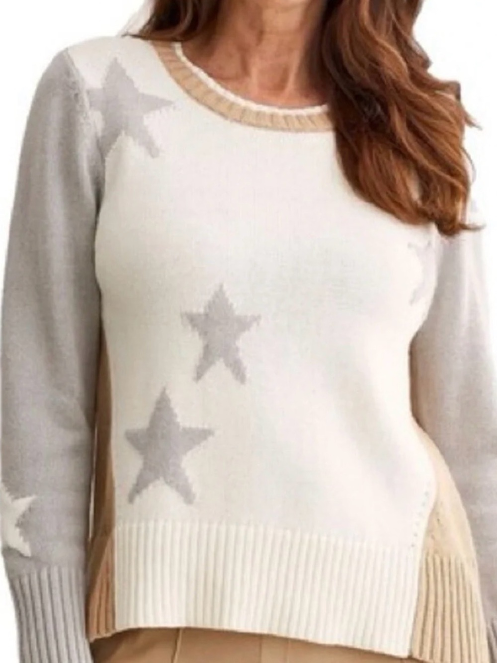Splendid Cream and Gray Star Crewneck Sweater with Taupe Trim